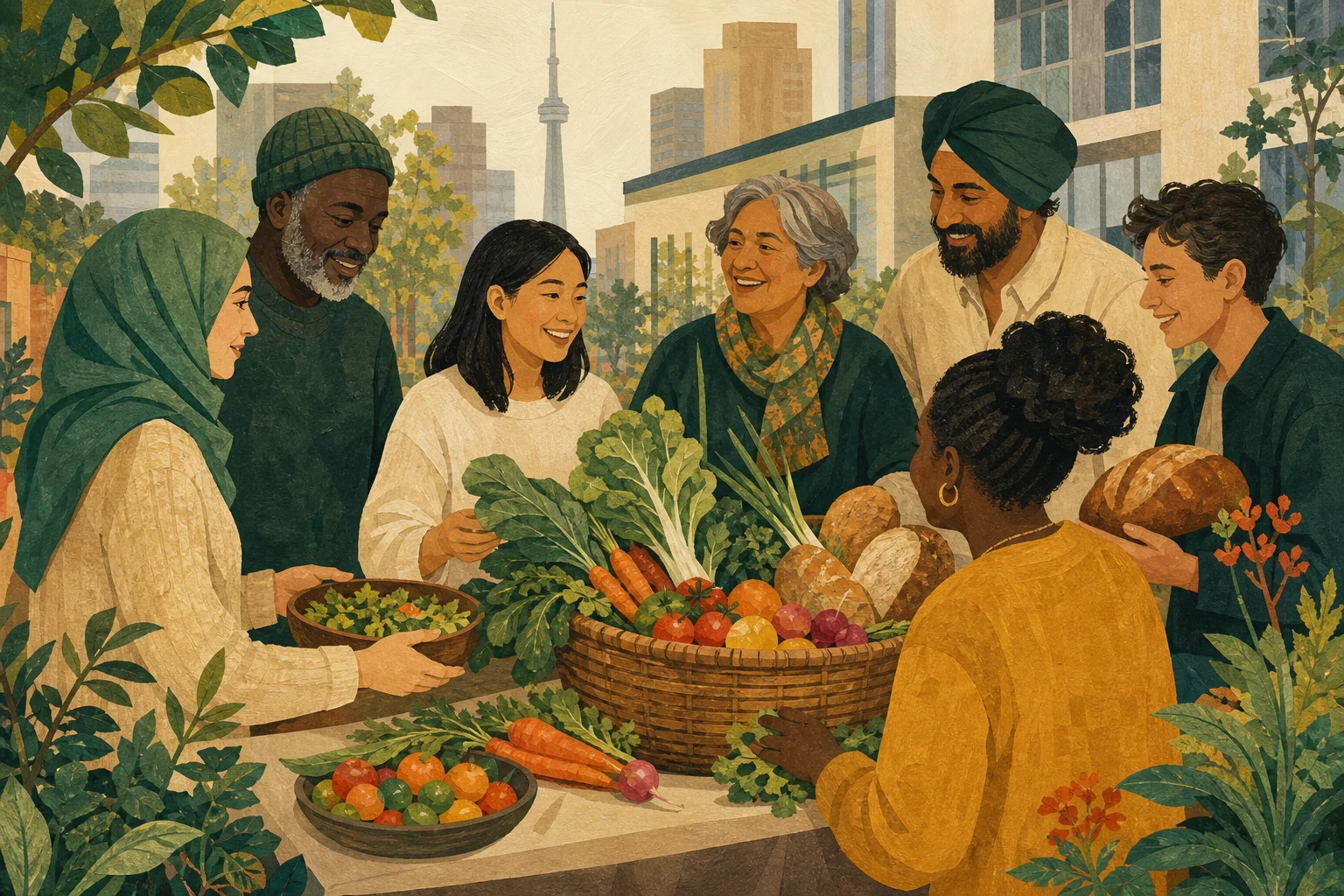Concept illustration of neighbors sharing food around a community table.